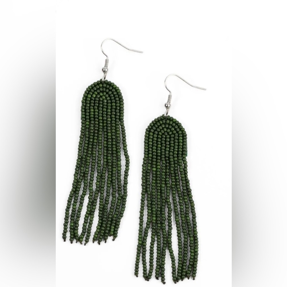 paparazzi Olive Green Beaded Fringe Drop Earrings
